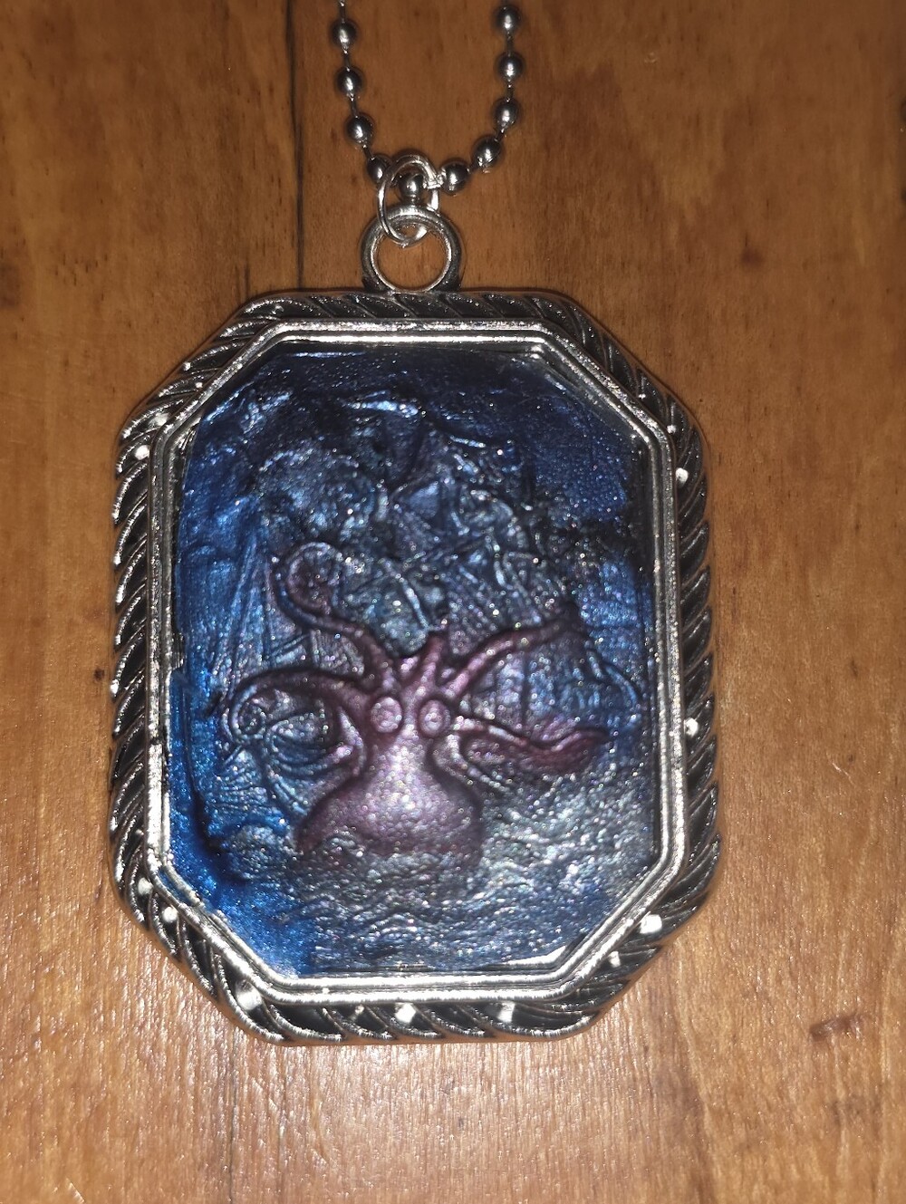 Ocean Wreck Swallowed By Squid Cameo Pendant In Silver Metal Frame Necklace
